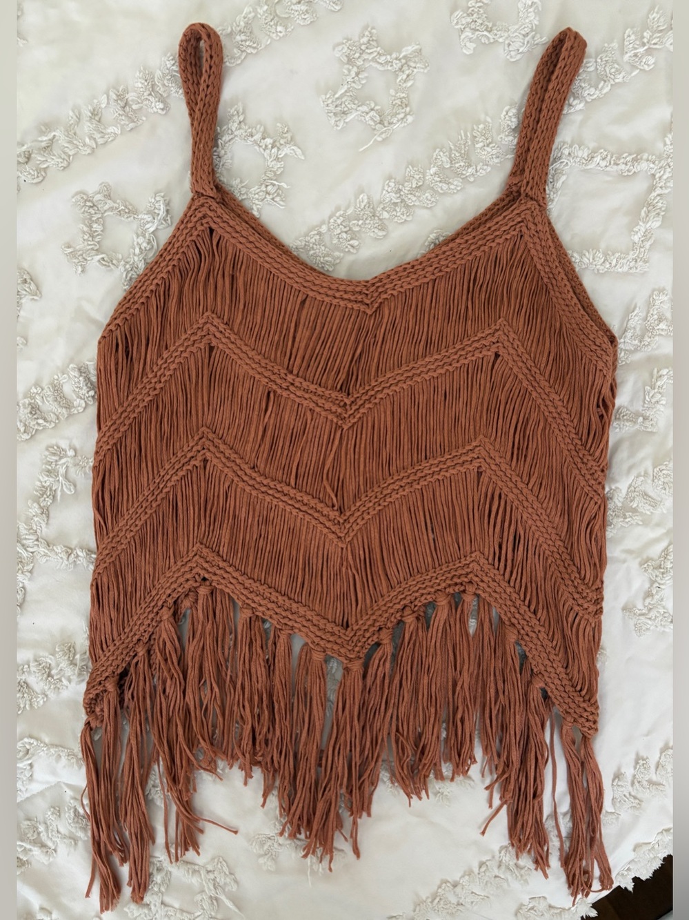 Copper Rust Tank Top Hand Woven Fringe Hem Crochet Zig Zag Weave and Hem Sz M - Picture 7 of 8